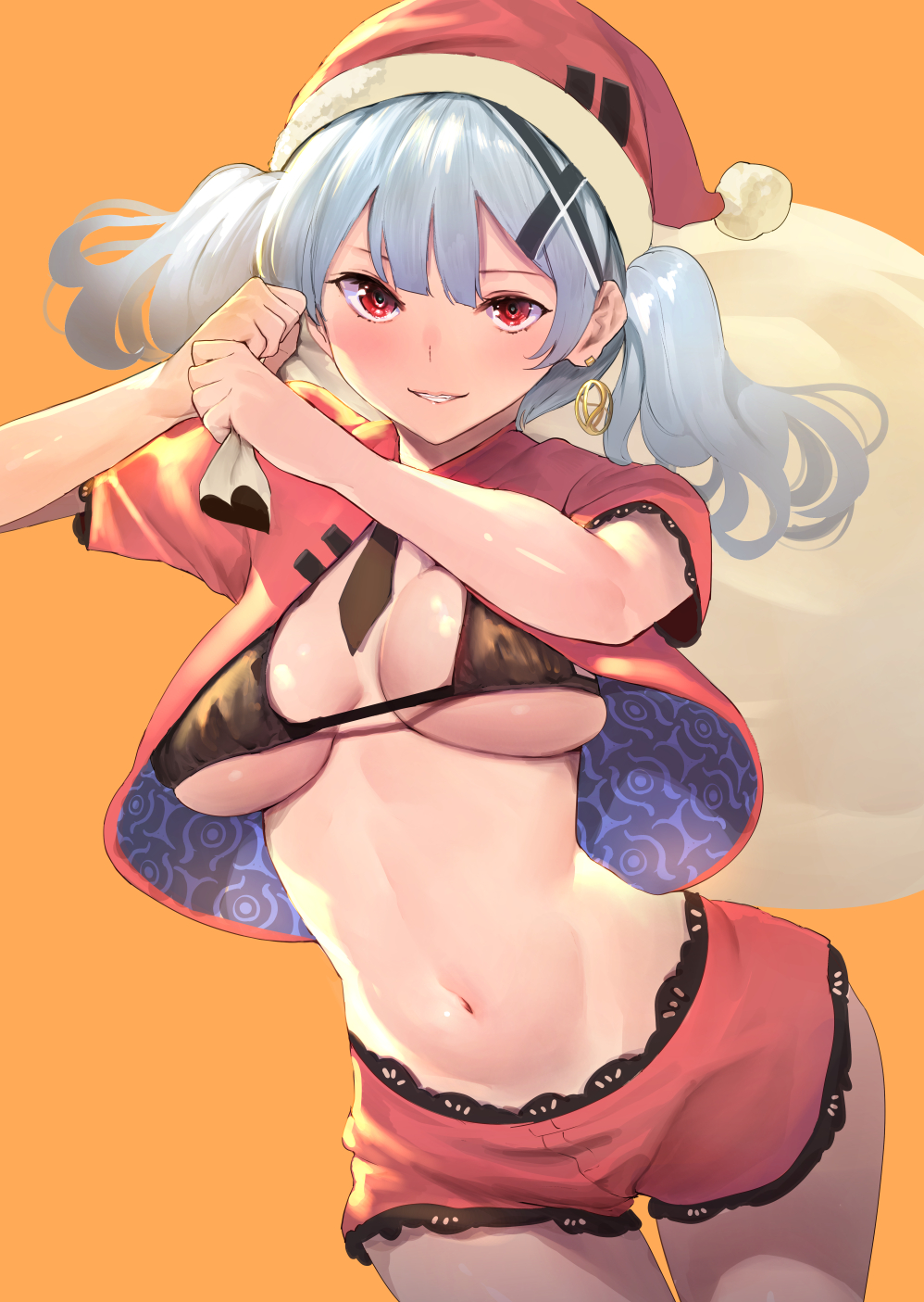 1girl bangs bikini_top black_bikini_top blue_hair breasts cropped_jacket earrings furukawa_itsuse hat highres jacket jewelry large_breasts lips long_hair looking_at_viewer mini_necktie navel necktie original parted_lips red_eyes red_hat red_jacket red_neckwear sack santa_hat short_shorts short_sleeves shorts smile solo stomach teeth twintails under_boob