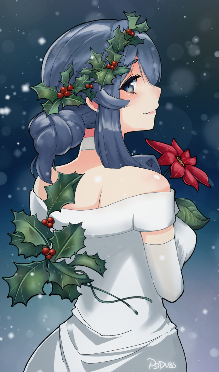 1girl alternate_costume bare_shoulders blue_eyes blue_hair choker commentary dress elbow_gloves english_commentary eyelashes flower gloves gotland_(kantai_collection) hair_over_shoulder hair_up head_wreath highres holding holding_flower holly kantai_collection long_hair looking_at_viewer looking_back night poinsettia psidubs signature snow solo strapless strapless_dress tied_hair white_choker white_dress white_gloves