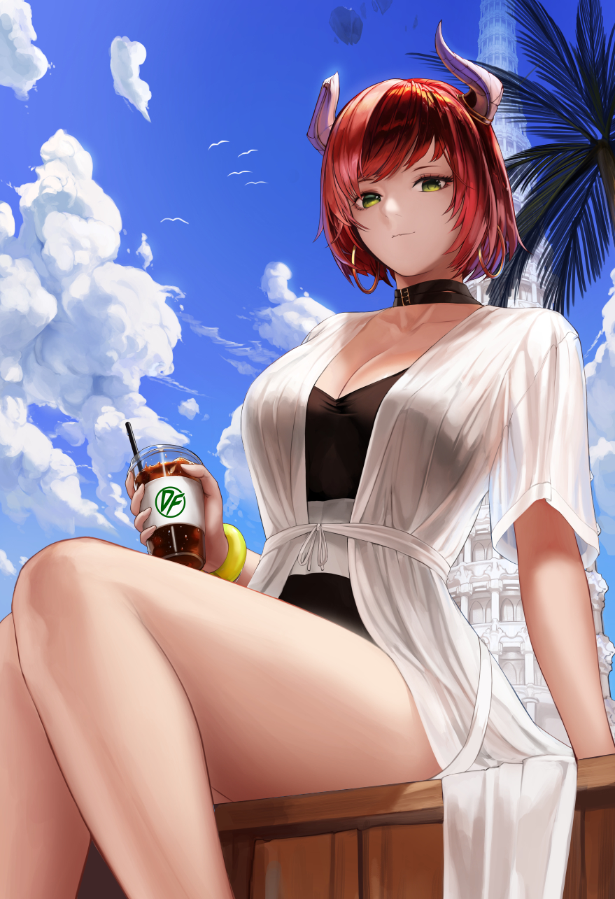 1girl animal arm_support bangs bare_legs belt_buckle bird black_choker black_swimsuit blue_sky breasts buckle character_request choker cleavage closed_mouth clouds cloudy_sky collarbone cup day disposable_cup drink drinking_straw dungeon_and_fighter earrings feet_out_of_frame floating_island flock from_below green_eyes highres holding hoop_earrings horns jewelry large_breasts light_smile looking_at_viewer monaim one-piece_swimsuit open_clothes open_robe outdoors palm_tree redhead robe see-through short_hair short_sleeves sidelocks sitting sky solo sunlight swimsuit thighs tower tree white_robe wristband