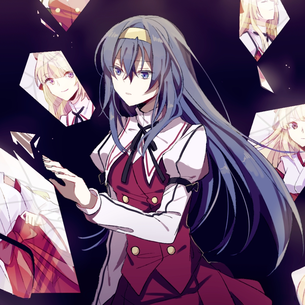 2girls black_ribbon blue_eyes blue_hair broken_glass floating_hair glass hair_between_eyes hairband himemiya_chikane kannazuki_no_miko kurusugawa_himeko long_hair long_sleeves multiple_girls ototachibana_academy_uniform outstretched_hand puffy_long_sleeves puffy_sleeves reaching_out red_skirt ribbon sad school_uniform shards skirt skirt_set smile very_long_hair ye_(pixiv4862539) yellow_hairband