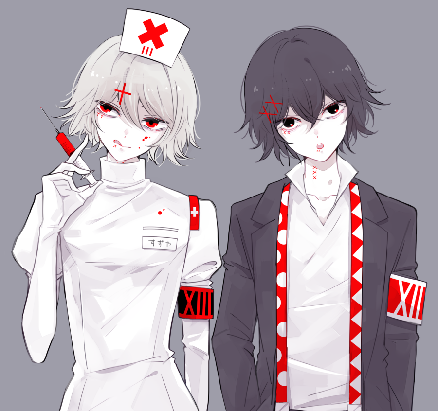 black_eyes black_hair black_jacket blood blood_on_face collarbone commentary_request cross dot_nose grey_background hat holding jacket kenkoumineral13 looking_at_viewer looking_to_the_side medium_hair nurse nurse_cap open_eyes open_mouth red_eyes shirt simple_background stitched_face stitches suzuya_juuzou syringe tokyo_ghoul tokyo_ghoul:re tongue tongue_out translation_request trap white_hair white_shirt white_sleeves white_uniform