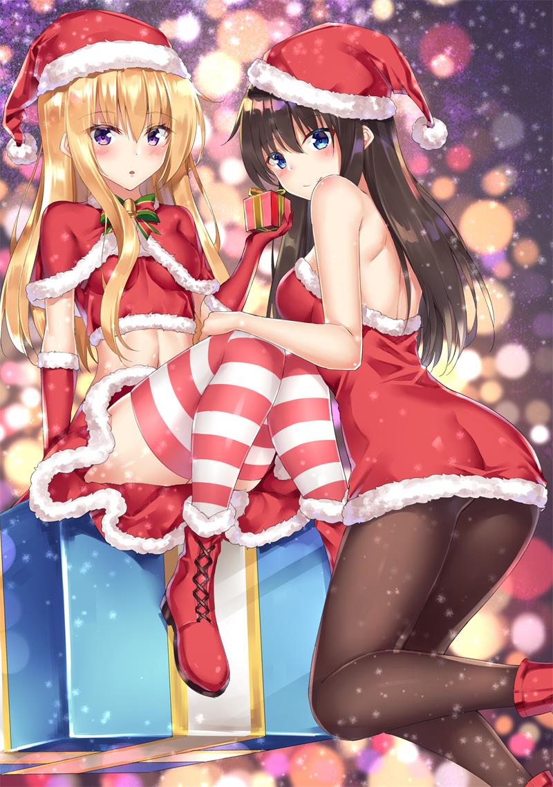 2girls :o arm_support ass back bangs bare_arms bare_shoulders bell black_hair black_legwear blonde_hair blue_eyes blurry blush bokeh boots bow bowtie breasts breasts_apart capelet christmas closed_mouth commentary_request crop_top depth_of_field dress eyebrows_visible_through_hair fur-trimmed_capelet fur-trimmed_gloves fur_trim gift gloves green_neckwear hand_up hat head_tilt holding holding_gift leg_up long_hair looking_at_viewer looking_back medium_breasts midriff miniskirt multiple_girls navel original pantyhose parted_lips pink_legwear red_capelet red_dress red_footwear red_gloves red_hat red_shirt red_skirt rong_yi_tan santa_costume santa_hat shirt sidelocks skirt sleeveless sleeveless_dress smile snowing strapless strapless_dress striped striped_legwear thigh-highs violet_eyes