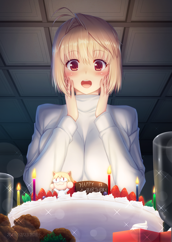 1girl ahoge arcueid_brunestud blonde_hair blush breasts cake food hair_intakes happy_birthday miyai_sen open_mouth red_eyes short_hair solo sweater tsukihime turtleneck turtleneck_sweater