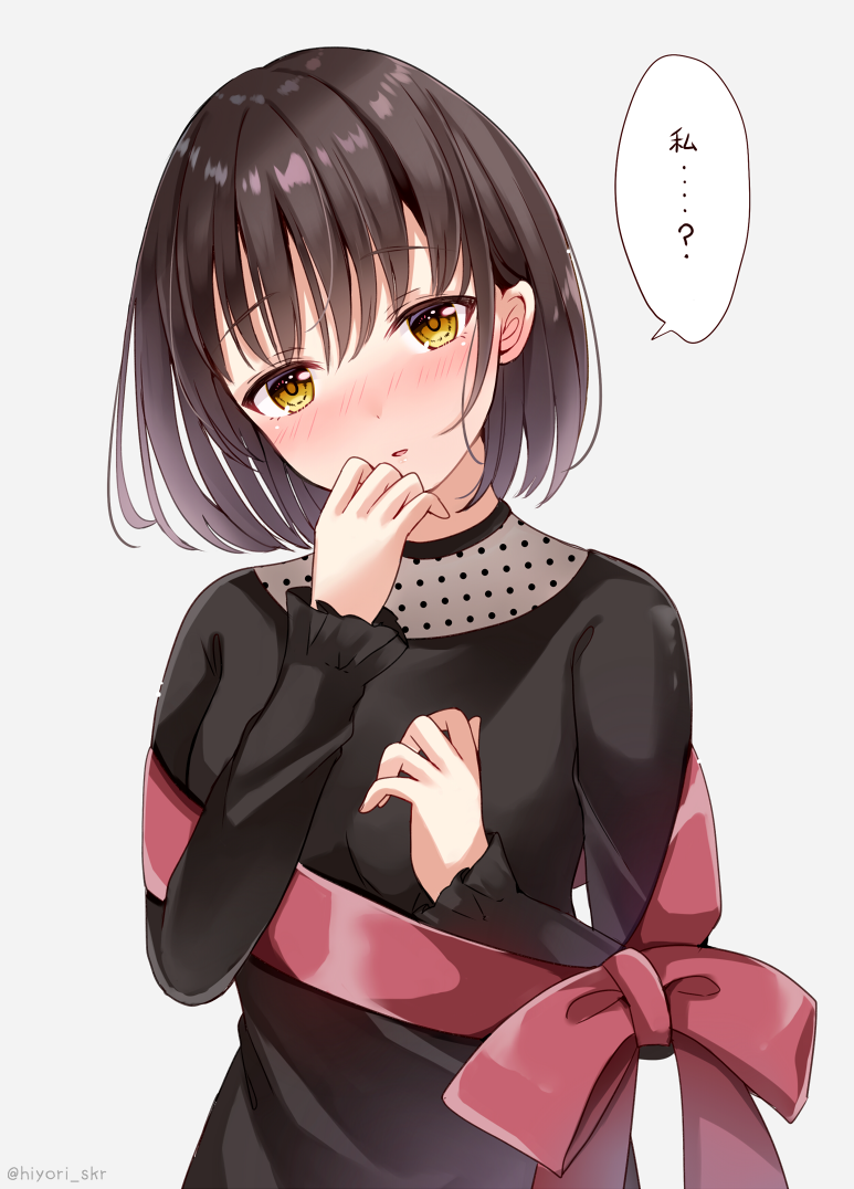 1girl bangs black_dress blush bow breasts brown_eyes brown_hair commentary_request dress eyebrows_visible_through_hair grey_background hair_between_eyes hands_up head_tilt long_sleeves nose_blush original parted_lips red_bow red_ribbon ribbon sakura_hiyori simple_background small_breasts solo translation_request upper_body