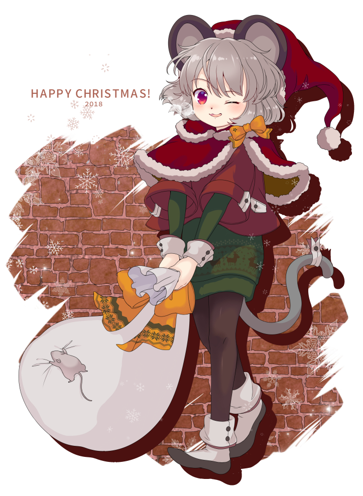 1girl :3 animal_ears christmas christmas_sweater full_body grey_hair hat holding iris_anemone mouse mouse_ears mouse_tail nazrin one_eye_closed pantyhose sack santa_hat solo sweater tail touhou