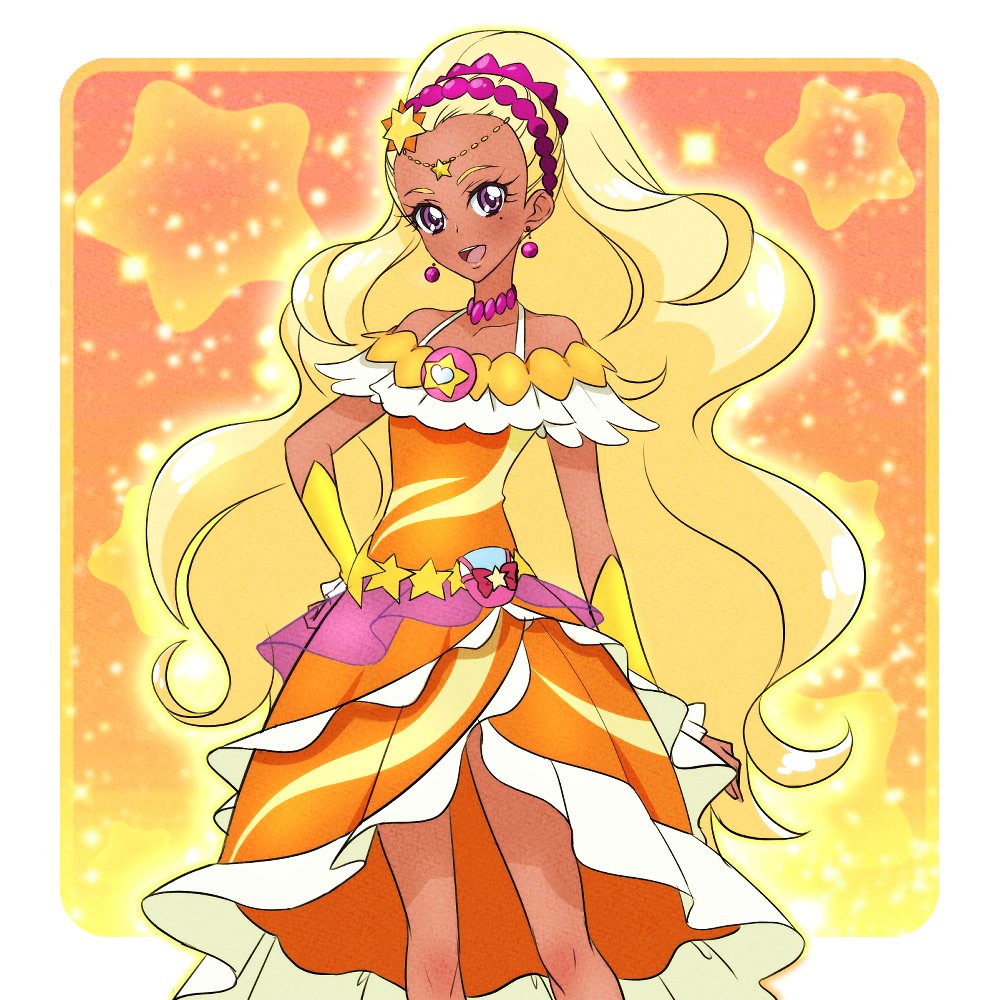 1girl :d amamiya_erena bare_shoulders blonde_hair commentary cure_soleil dark_skin dress earrings english_commentary eyelashes hair_ornament happy jewelry long_hair looking_at_viewer magical_girl open_mouth orange_dress precure smile solo standing star_twinkle_precure venuscho