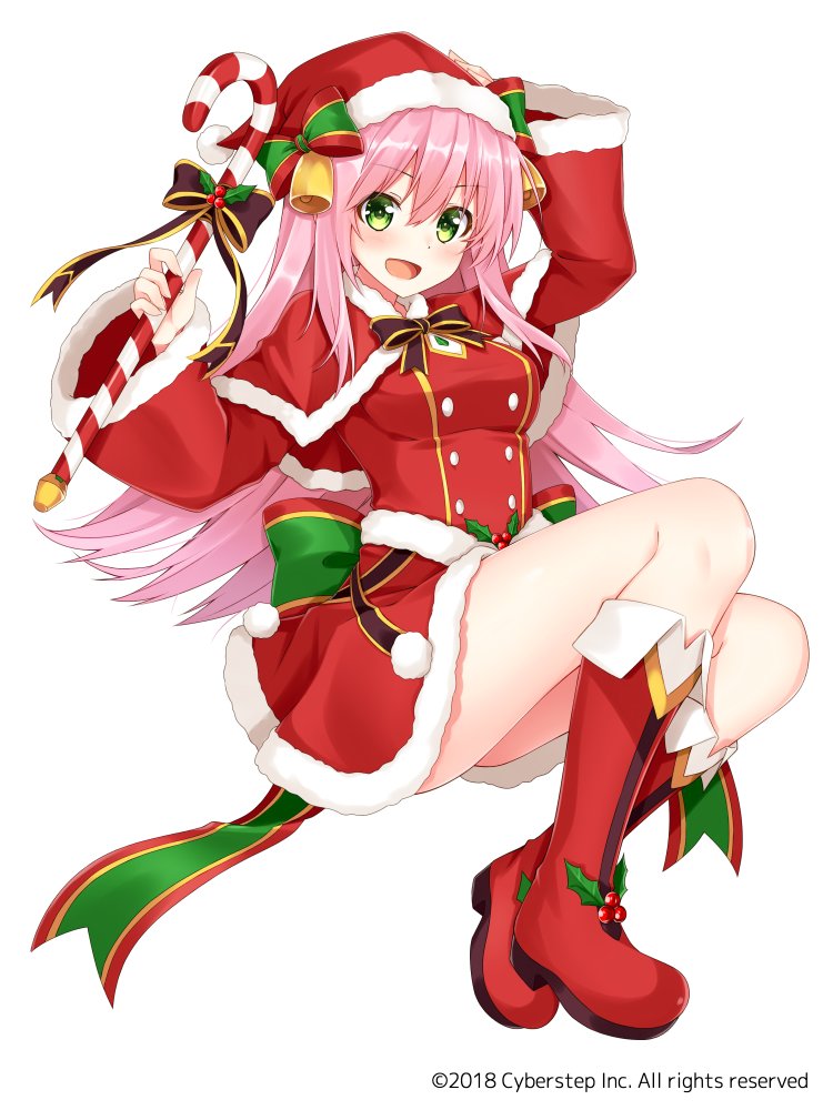 1girl :d arm_up bangs blush boots bow breasts candy candy_cane capelet copyright_request eyebrows_visible_through_hair food full_body fur-trimmed_capelet fur-trimmed_hat fur-trimmed_skirt fur-trimmed_sleeves fur_trim green_eyes hair_between_eyes hair_bow hat holding knee_boots komori_kuzuyu long_hair looking_at_viewer medium_breasts official_art open_mouth pink_hair red_capelet red_footwear red_hat red_shirt red_skirt santa_costume santa_hat shirt sitting skirt smile solo striped striped_bow very_long_hair wide_sleeves