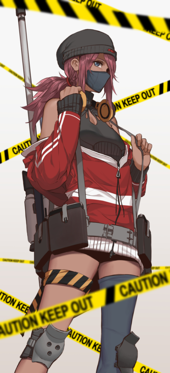 1girl alternate_universe asymmetrical_legwear beanie blue_eyes caution_tape cleavage_cutout dishwasher1910 english_text face_mask gun hair_ribbon hat headphones headphones_around_neck highres jacket jacket_removed knee_pads mask may_zedong redhead ribbon rifle rwby sniper_rifle solo suspenders thigh-highs thighs weapon