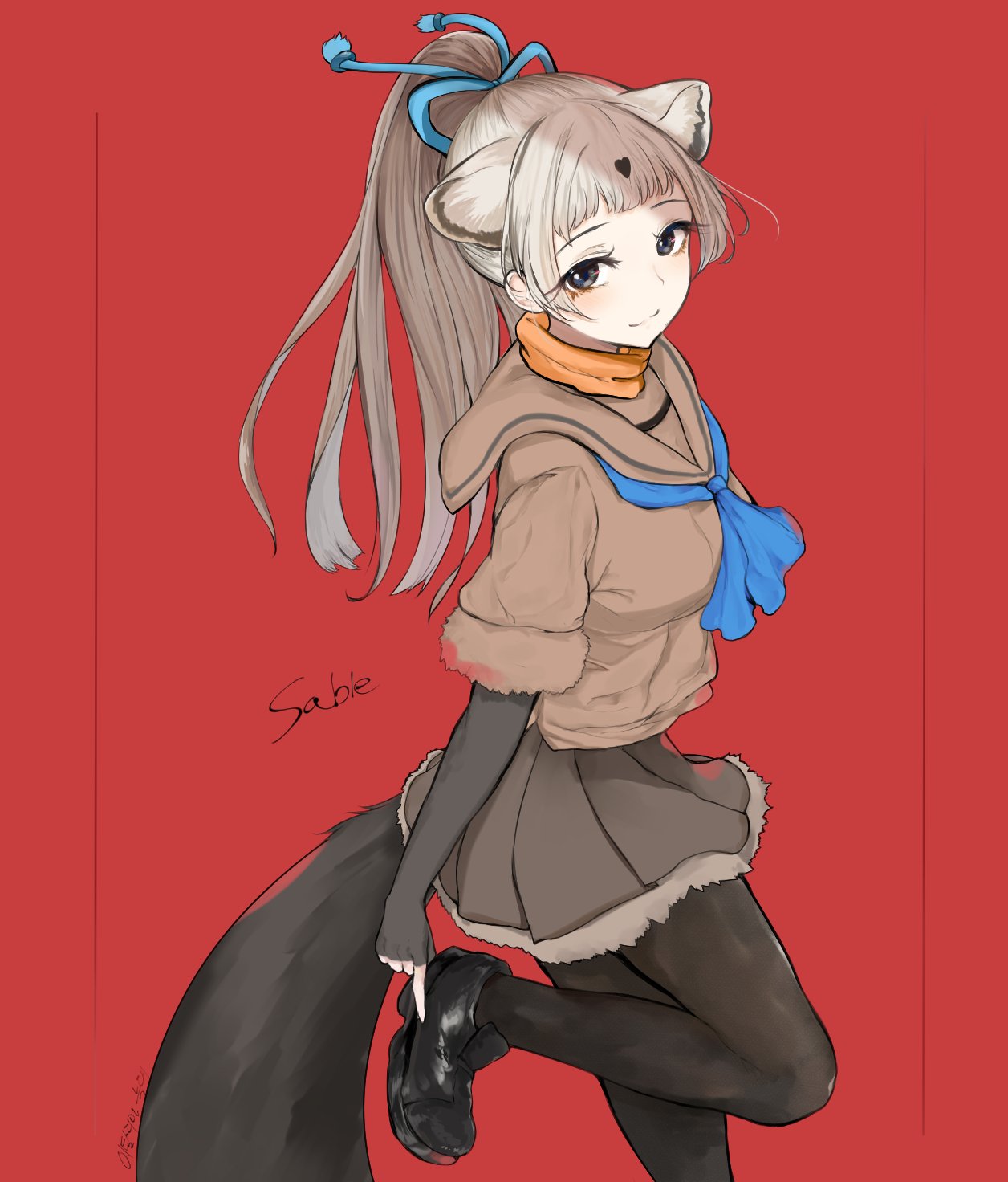 1girl :3 bow commentary cowboy_shot dnsdltkfkd elbow_gloves extra_ears fingerless_gloves fur_trim gloves grey_hair hair_bow hair_tie highres kemono_friends light_brown_hair loafers long_hair long_ponytail multicolored_hair neckerchief pantyhose pleated_skirt sable_(kemono_friends) sable_ears sable_tail sailor_collar scarf shoes short_sleeves skirt solo sweater