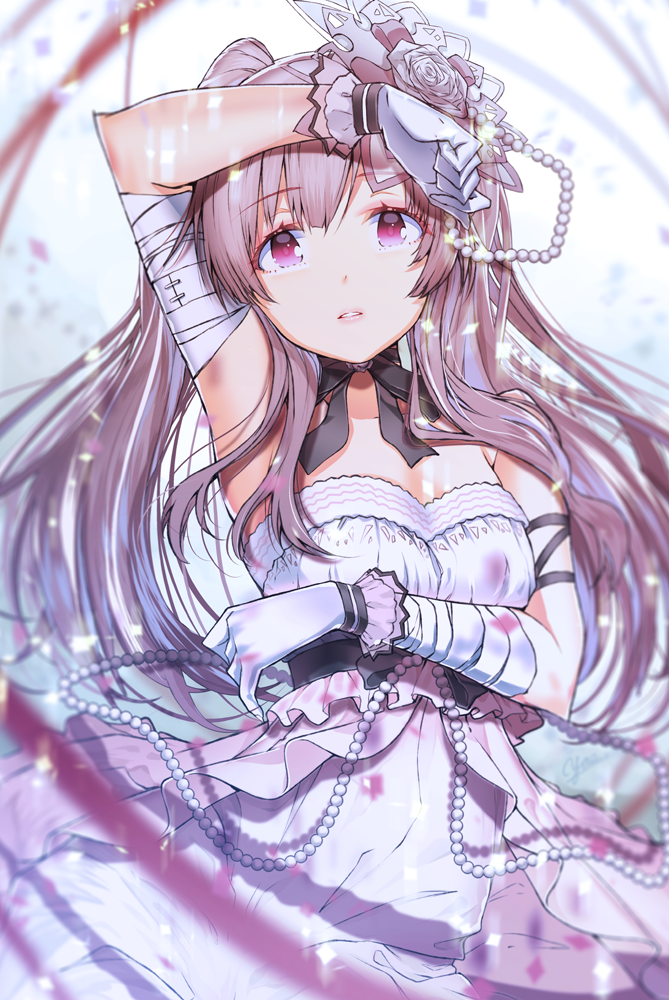 1girl arm_up armlet armpits bandage bangs bare_shoulders commentary_request dress eyebrows_visible_through_hair flower gloves grey_hair hair_flower hair_ornament idolmaster idolmaster_shiny_colors long_hair looking_at_viewer parted_lips sidelocks solo twintails violet_eyes white_dress white_gloves yae_(mono110) yuukoku_kiriko