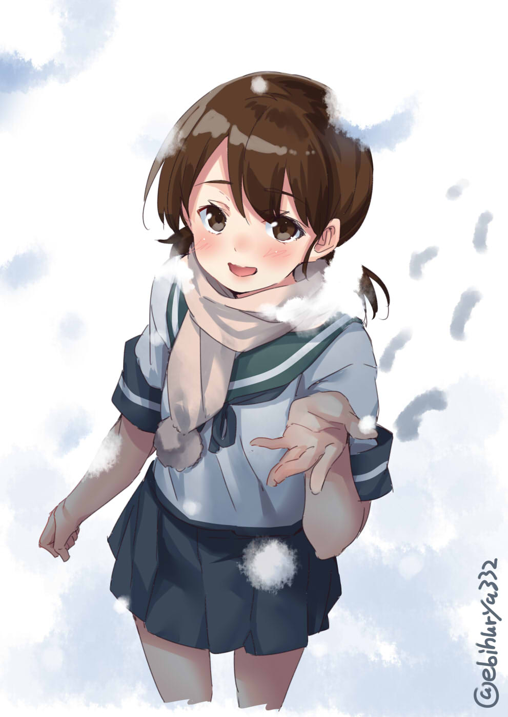 1girl bangs brown_eyes brown_hair ebifurya folded_ponytail gradient gradient_background hair_between_eyes highres kantai_collection low_twintails neckerchief open_mouth parted_bangs pleated_skirt sailor_collar scarf school_uniform serafuku shirayuki_(kantai_collection) short_twintails skirt solo twintails twitter_username