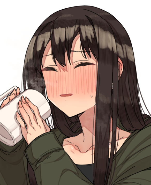 1girl bangs black_hair blush closed_eyes coat cup ear_blush erere full-face_blush green_coat hair_between_eyes holding holding_cup hooded_coat idolmaster idolmaster_cinderella_girls long_hair mug nail_polish open_clothes open_coat open_mouth pink_nails shibuya_rin sleeves_past_wrists solo sweatdrop upper_body white_background