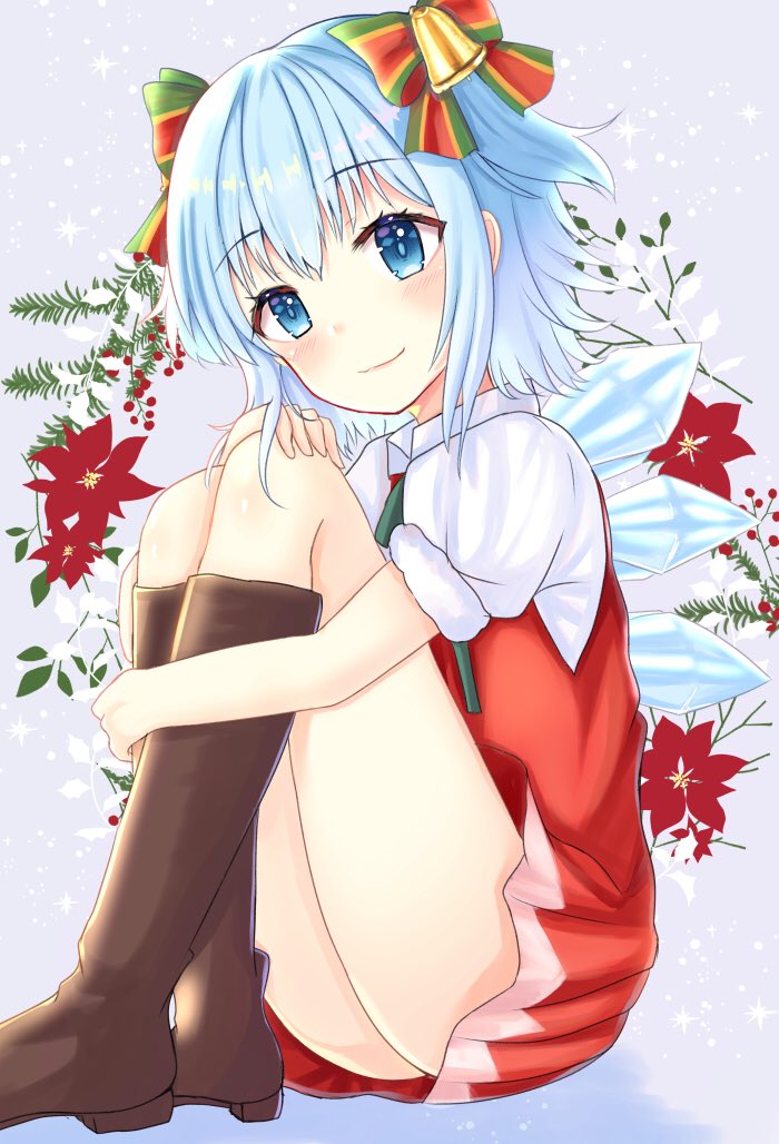 1girl adapted_costume alternate_color alternate_footwear alternate_headwear bare_legs bell blue_background blue_eyes blue_hair boots bow brown_footwear christmas cirno dress eyebrows_visible_through_hair flower hair_bell hair_between_eyes hair_bow hair_ornament hand_on_own_knee ice ice_wings knee_boots legs_together looking_at_viewer nibosisuzu no_nose red_dress red_flower short_hair short_sleeves sitting smile touhou wings