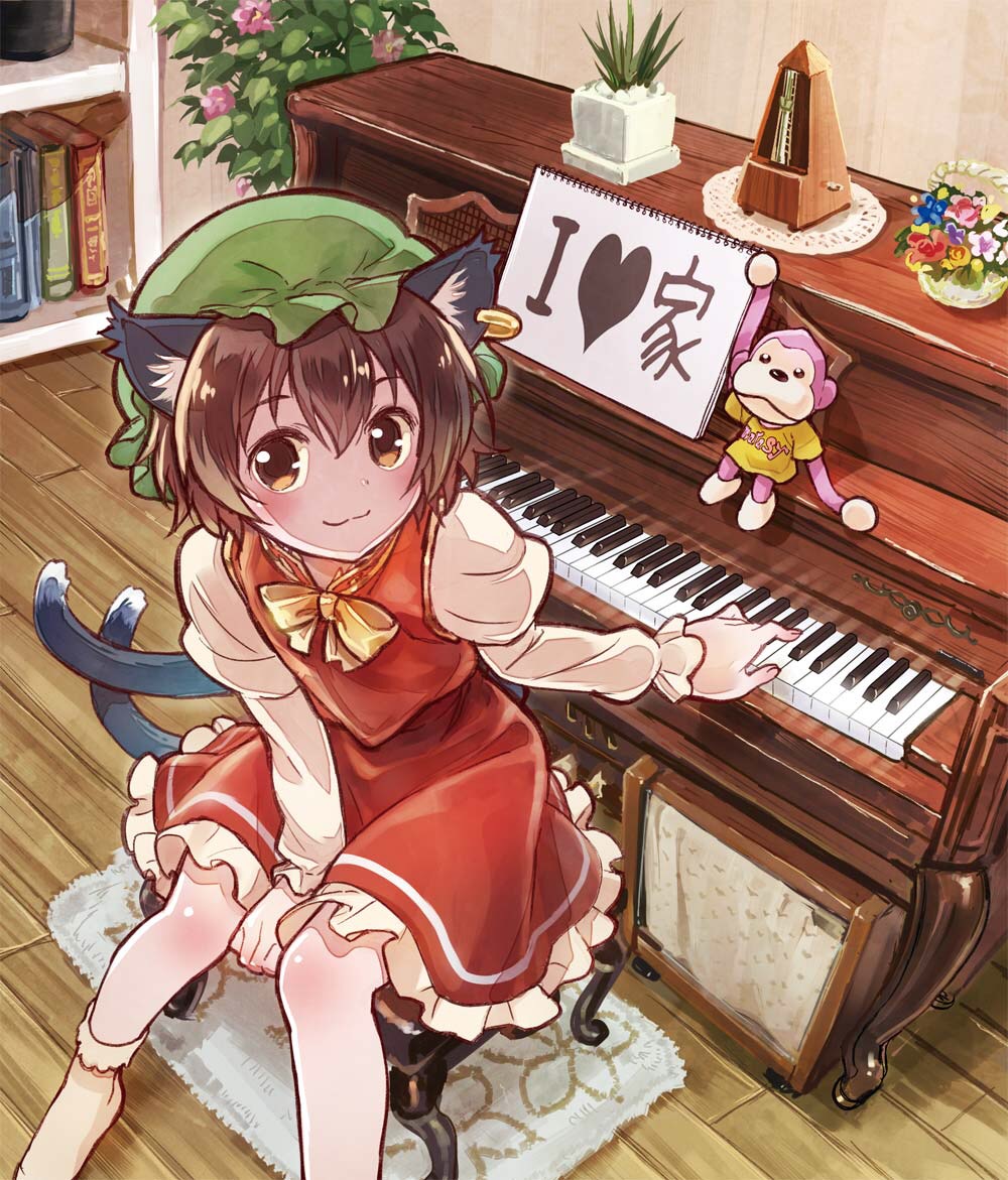 1girl :3 animal_ears bangs blush book bookshelf bow bowtie brown_eyes brown_hair cat_ears cat_tail chen closed_mouth commentary_request earrings flower heart instrument jewelry juliet_sleeves long_sleeves looking_at_viewer marashii nekomata pendulum piano pink_flower plant potted_plant puffy_sleeves red_flower red_skirt red_vest sakino_shingetsu shirt sitting skirt smile socks solo stool stuffed_monkey tail touhou vest white_legwear white_shirt yellow_neckwear