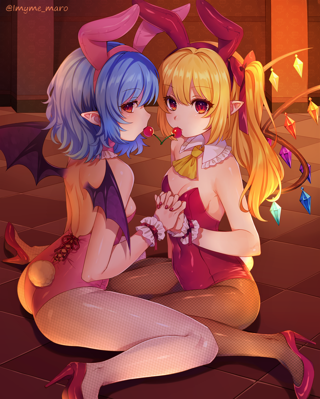 2girls animal_ears ascot ass bangs bare_arms bare_shoulders bat_wings black_legwear black_wings blonde_hair bow breasts bunny_tail bunnysuit checkered checkered_floor cherry covered_navel crystal detached_collar eyebrows_visible_through_hair eyelashes fake_animal_ears fishnet_pantyhose fishnets flandre_scarlet food fruit hair_bow hand_holding high_heels indoors interlocked_fingers leotard long_hair looking_at_viewer marota mouth_hold multiple_girls nail_polish one_side_up pantyhose pink_leotard pointy_ears profile rabbit_ears red_bow red_eyes red_footwear red_leotard red_nails remilia_scarlet shared_food shoes siblings sisters sitting small_breasts tail touhou twitter_username wings yellow_neckwear