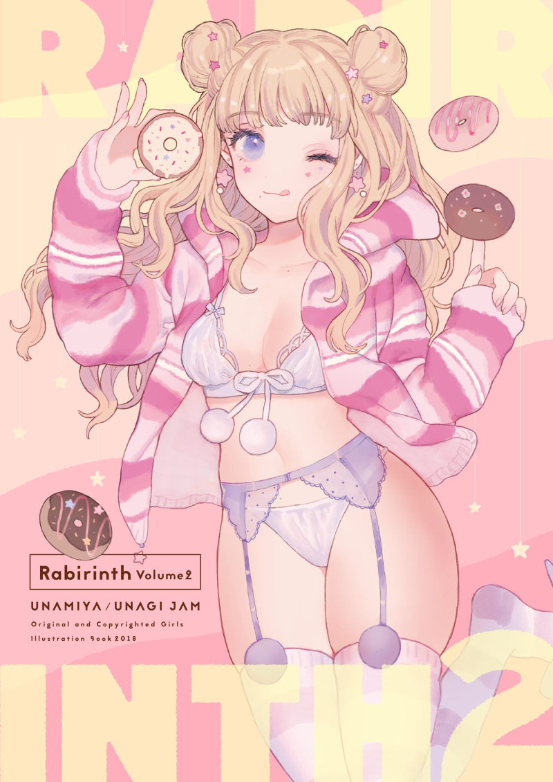 1girl ;q bangs blonde_hair blush bra breasts cleavage closed_mouth collarbone commentary_request cover cover_page double_bun doughnut earrings eyebrows_visible_through_hair facial_mark fingernails food garter_belt heart holding holding_food hood hood_down hooded_jacket jacket jewelry lingerie long_hair long_sleeves looking_at_viewer medium_breasts miyako_(xxxbibit) nail_polish navel no_shoes one_eye_closed open_clothes open_jacket original panties pink_nails pom_pom_(clothes) purple_bra purple_panties side_bun sleeves_past_wrists smile solo star star_earrings striped striped_jacket striped_legwear thigh-highs tongue tongue_out underwear very_long_hair violet_eyes