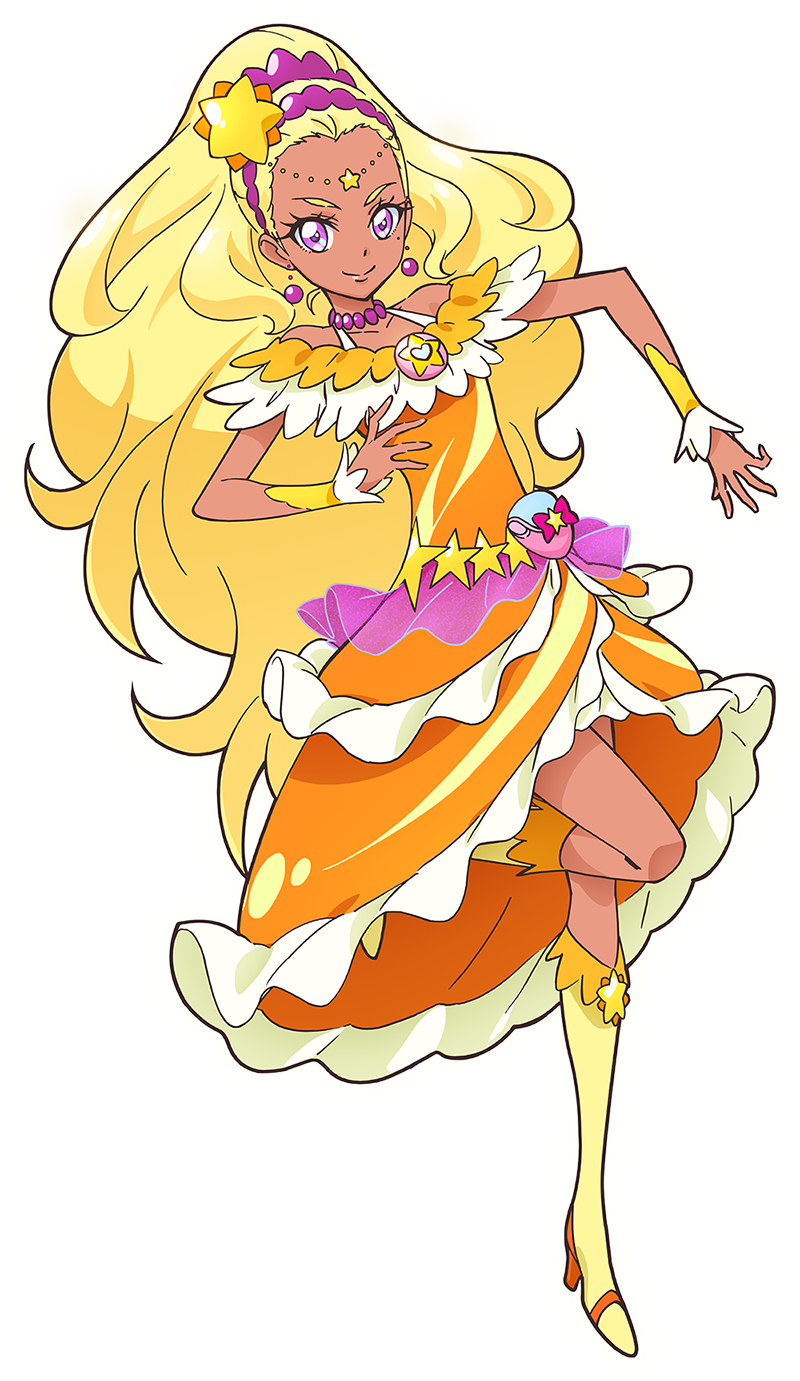 1girl amamiya_erena bare_shoulders blonde_hair closed_eyes cure_soleil dark_skin dress earrings forehead full_body hair_ornament high_heels highres jewelry long_hair looking_at_viewer magical_girl necklace official_art orange_dress precure sleeveless smile solo standing standing_on_one_leg star star_hair_ornament star_twinkle_precure very_long_hair violet_eyes wrist_cuffs