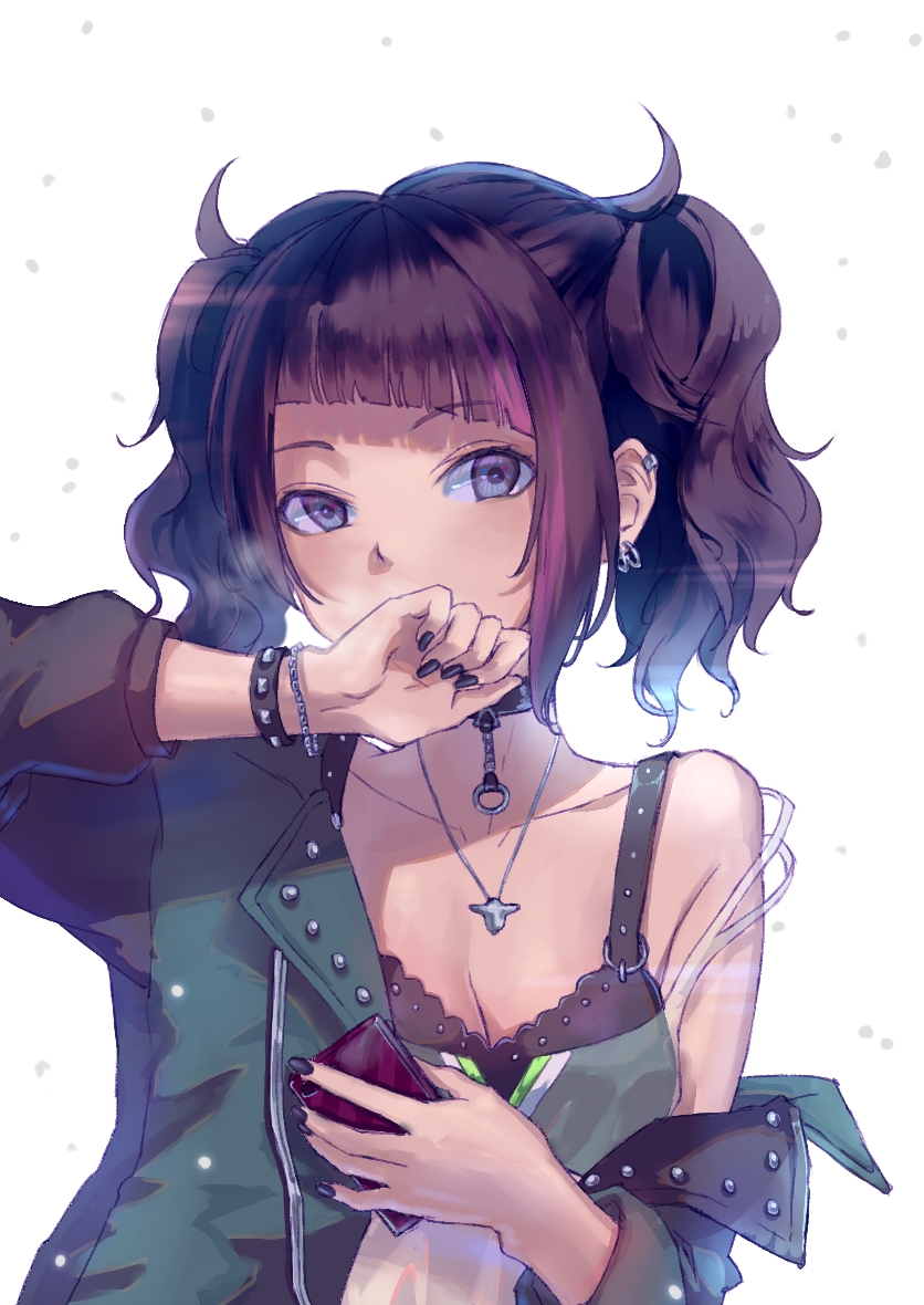 1girl bangs bare_shoulders black_bra black_choker black_hair black_nails blunt_bangs bra breasts cellphone choker cleavage collarbone covering_mouth ear_piercing earrings eyebrows_visible_through_hair green_jacket hand_up head_tilt holding holding_phone idolmaster idolmaster_shiny_colors jacket jewelry long_hair looking_at_viewer medium_breasts multicolored_hair nail_polish necklace off_shoulder open_clothes open_jacket phone piercing purple_hair roki_(0214278) shirt sidelocks simple_background sleeveless sleeveless_shirt smartphone solo strap_slip streaked_hair tanaka_mamimi twintails underwear upper_body wavy_hair white_background wing_collar