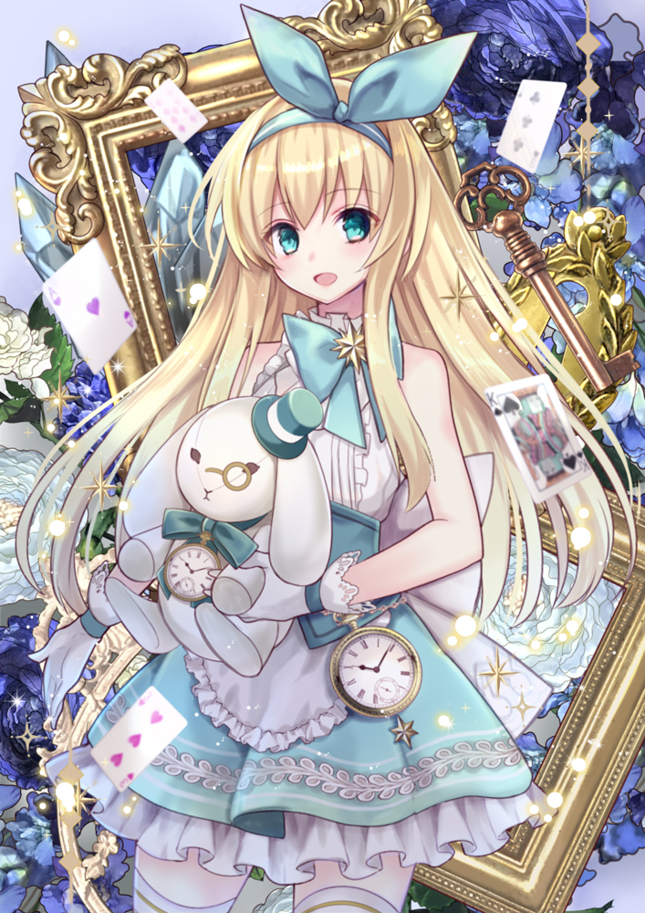 1girl :d apron bangs bare_arms bare_shoulders blonde_hair blue_eyes blue_hat blue_ribbon blue_skirt card clover cowboy_shot diamond_(shape) doll flower frilled_apron frilled_shirt frills gloves hairband hat heart holding holding_doll key king_of_spades lace lace-trimmed_gloves layered_skirt legs_apart long_hair looking_at_viewer mini_hat mini_top_hat miniskirt monocle nozomi_fuuten open_mouth original picture_frame playing_card pocket_watch ribbon rose shirt sidelocks skirt sleeveless sleeveless_shirt smile solo spade_(shape) standing star stuffed_animal stuffed_bunny stuffed_toy tareme thigh-highs tilted_headwear top_hat watch white_apron white_flower white_gloves white_legwear white_rose white_shirt zettai_ryouiki