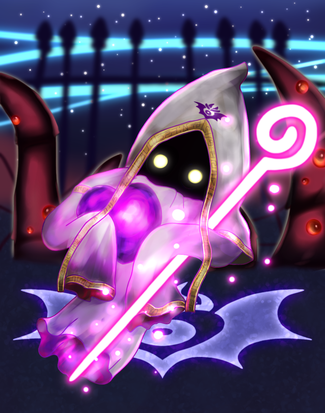 118x62z 1boy commentary_request dark_background darkness floating glowing glowing_eyes gold_trim heart hidden_face highres holding holding_heart holding_spear holding_weapon hood hyness insignia kirby:_star_allies kirby_(series) light light_particles magic nintendo no_humans polearm robe solo space spear star_(sky) very_long_sleeves weapon white_hood white_robe wide_sleeves yellow_eyes