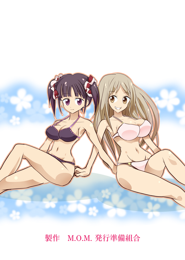 2girls bikini blonde_hair brown_eyes cute floral_background hobunsha large_breasts long_hair looking_at_another medium_hair minami_shizuku momjunbi navel noda_kotone purple_hair sakura_trick sitting studio_deen swimsuit translation_request twintails violet_eyes white_bikini yuri