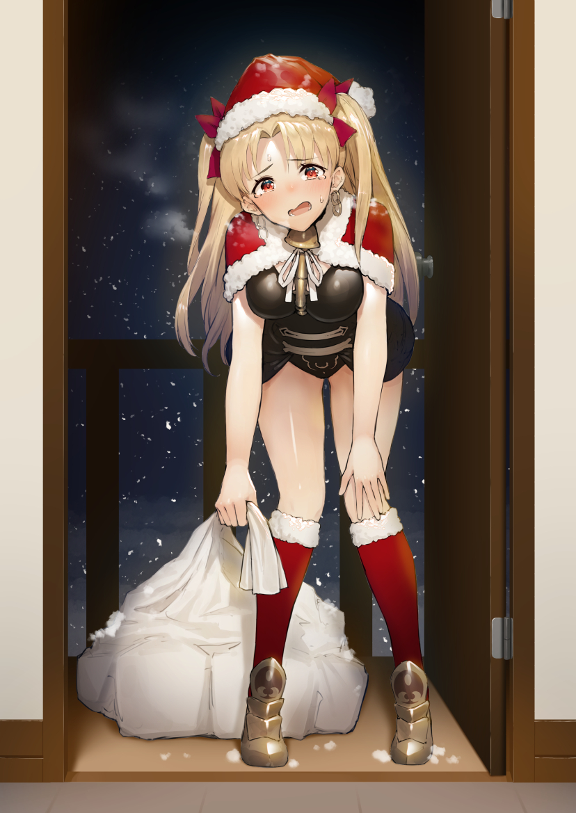 1girl bangs bell black_leotard blonde_hair breasts cape capelet christmas earrings ereshkigal_(fate/grand_order) eyebrows_visible_through_hair fate/grand_order fate_(series) fur-trimmed_cape fur_trim hat jewelry kneehighs leaning_forward leotard long_hair medium_breasts night open_door parted_bangs pyz_(cath_x_tech) red_capelet red_eyes red_legwear sack santa_hat snowing solo tears two_side_up visible_air