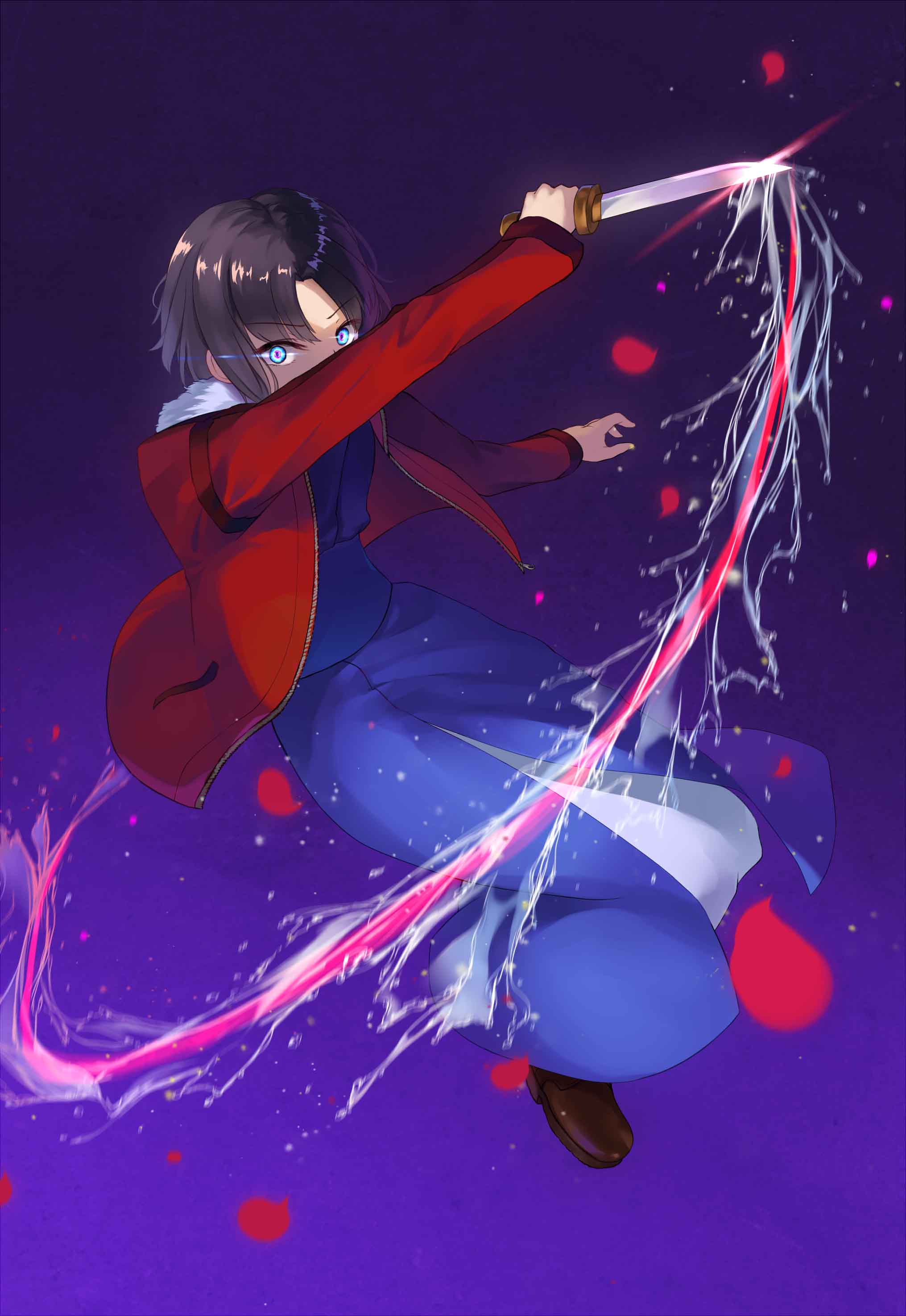 1girl absurdres blue_eyes blue_kimono boots brown_footwear brown_hair eyebrows_visible_through_hair full_body highres holding holding_knife ina_(inadiary) jacket japanese_clothes kara_no_kyoukai kimono knife long_sleeves looking_at_viewer open_clothes open_jacket petals purple_background red_jacket ryougi_shiki shiny shiny_hair short_hair solo
