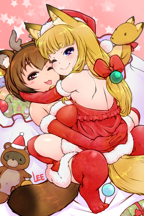 2girls ;) ;3 ;p animal_ear_fluff animal_ears antlers artist_name backless_dress backless_outfit bangs bare_shoulders black_eyes blonde_hair blunt_bangs blush_stickers bow box breasts brown_hair christmas christmas_ornaments commentary_request dress elbow_gloves fake_antlers fox_ears fox_tail fur-trimmed_dress fur-trimmed_gloves fur_trim gift gift_box gloves hair_bow hair_ornament hairband hat heart heart-shaped_pupils hug large_breasts lee_(colt) long_hair looking_at_viewer multiple_girls one_eye_closed original pom_pom_(clothes) raccoon_ears raccoon_tail red_bow red_dress red_gloves red_legwear reindeer_antlers santa_costume santa_hat short_hair shoulder_blades smile star straddling symbol-shaped_pupils tail thick_eyebrows thigh-highs tongue tongue_out violet_eyes yuri