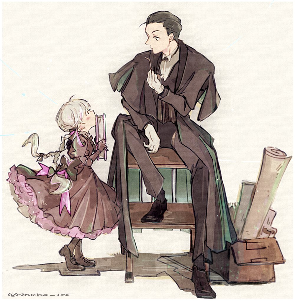 1boy 1girl black_hair book box braid cardboard_box doll_joints dress fate/grand_order fate_(series) gloves hair_slicked_back nursery_rhyme_(fate/extra) pipe sherlock_holmes_(fate/grand_order) sitting twin_braids white_gloves white_hair