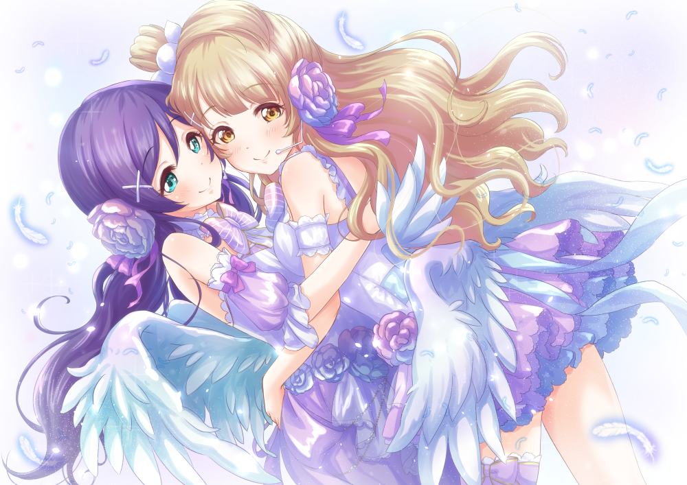 2girls angel_wings blush bow bowtie brown_eyes brown_hair commentary_request detached_sleeves dress feathered_wings feathers flower green_eyes hair_flower hair_ornament hair_ribbon headset hug long_hair love_live! love_live!_school_idol_festival love_live!_school_idol_project minami_kotori multiple_girls one_side_up purple_dress purple_flower purple_ribbon ribbon smile striped striped_neckwear toujou_nozomi twintails violet_eyes wings x_hair_ornament yuri yuuki_(yukinko-02727)