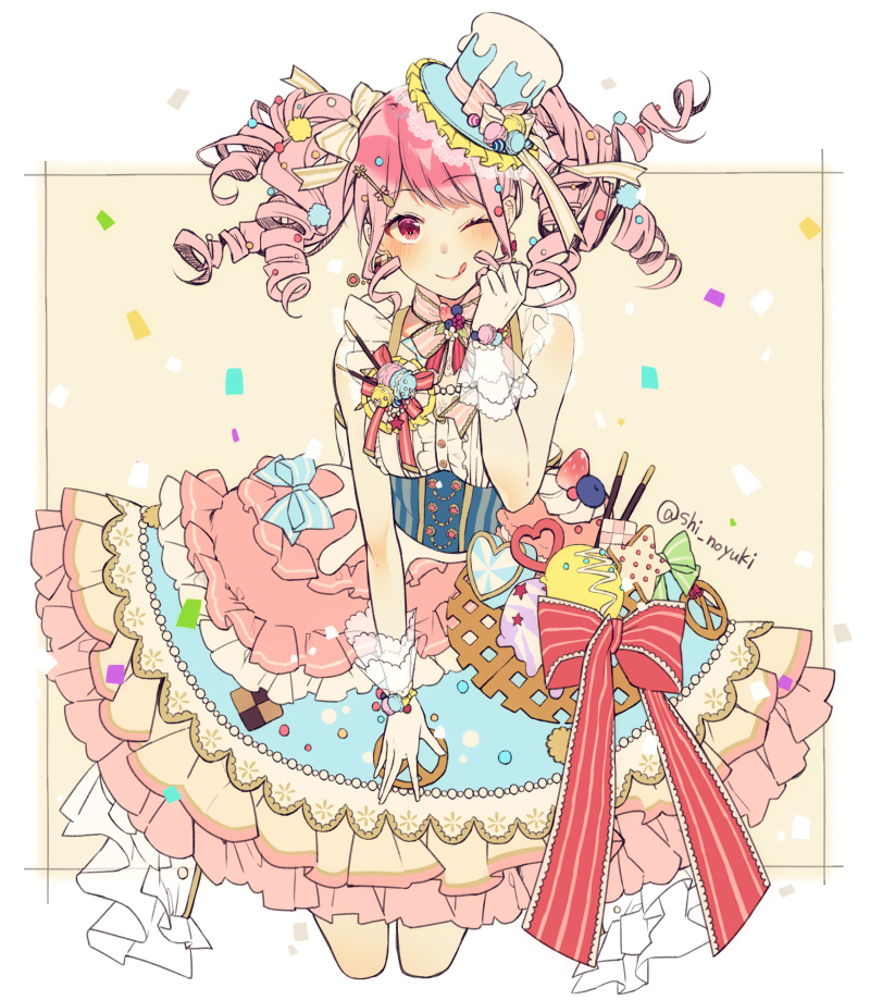 1girl ;q bang_dream! bangs blue_bow blue_hat blueberry blush bow candy center_frills checkerboard_cookie clenched_hand confetti cookie cream cropped_legs dress drill_hair food food_themed_hair_ornament frilled_dress frilled_hat frills fruit gloves hair_ornament hair_ribbon hat looking_at_viewer macaron maruyama_aya one_eye_closed pink_eyes pink_hair pink_neckwear pocky pretzel red_ribbon ribbon shi_noyuki sidelocks solo spoon_hair_ornament strawberry striped striped_bow striped_neckwear striped_ribbon tongue tongue_out top_hat twitter_username white_gloves wrist_cuffs yuki_(t128)