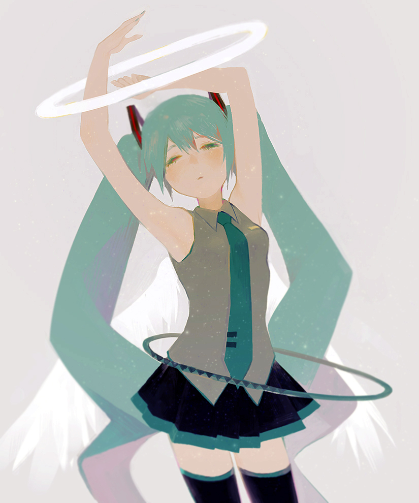 1girl angel_wings armpits arms_up bare_arms bare_shoulders black_skirt blue_neckwear breasts closed_eyes commentary expressionless grey_background grey_shirt halo hatsune_miku hoop hula_hoop long_hair necktie sanshichi_(eytc4832) shirt simple_background skirt sleeveless sleeveless_shirt small_breasts solo standing thigh-highs thighs twintails upper_body very_long_hair vocaloid wings