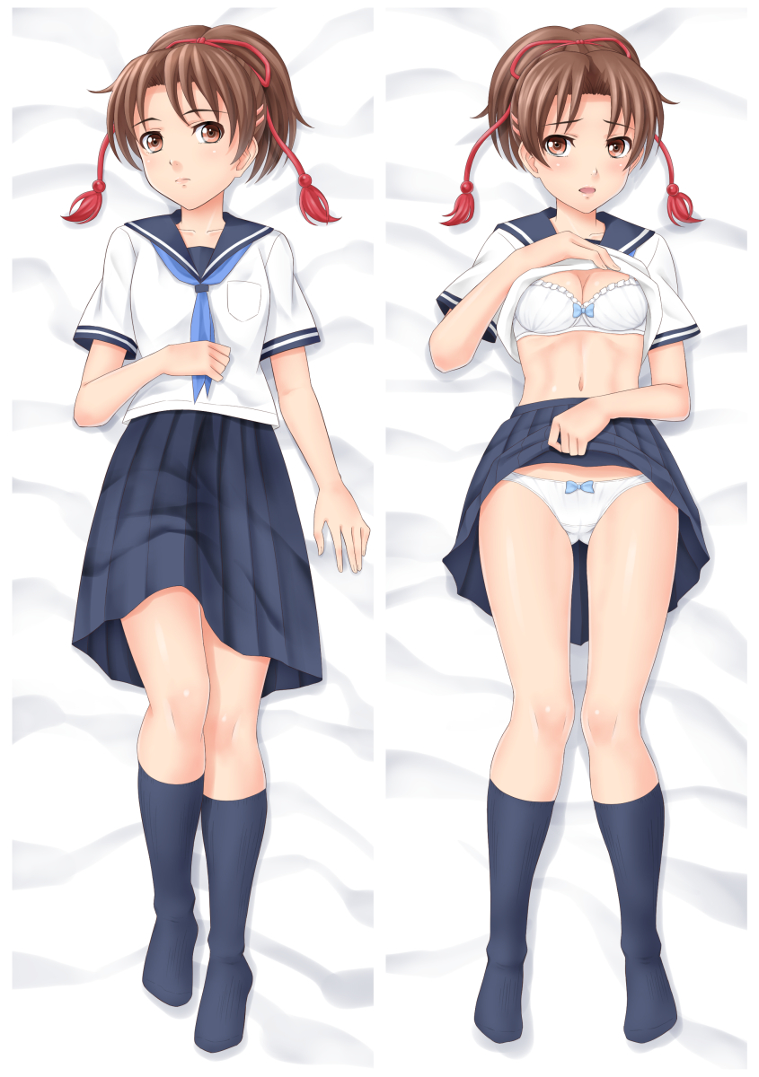 1girl abs ass_visible_through_thighs bangs bed_sheet black_legwear black_skirt blouse blue_neckwear botan_m bow bow_bra bow_panties bra breasts brown_eyes brown_hair casual cleavage closed_mouth commentary_request crotch_seam dakimakura frilled_bra frills from_above full_body hair_ribbon highres kneehighs legs lifted_by_self light_blush light_frown light_smile lips looking_at_viewer lying medium_breasts medium_skirt nanase_(street_fighter) neckerchief on_back open_mouth panties partial_commentary pleated_skirt red_ribbon ribbon shirt_lift short_hair short_ponytail short_sleeves skirt skirt_lift street_fighter underwear white_blouse white_bra white_panties