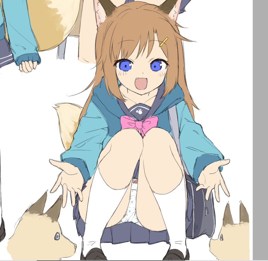 1girl :d animal animal_ear_fluff animal_ears bag bangs black_sailor_collar blue_jacket blue_skirt blush bow bow_panties bra brown_footwear brown_hair collarbone commentary_request eyebrows_visible_through_hair fang fox fox_ears fox_girl fox_tail grey_background hair_ornament hairclip hood hood_down hooded_jacket jacket kneehighs loafers long_hair long_sleeves looking_at_viewer multiple_views open_mouth original panties pigeon-toed pleated_skirt polka_dot polka_dot_bra sailor_collar school_bag sekira_ame shoes skirt smile squatting tail tail_raised two-tone_background underwear very_long_hair violet_eyes white_background white_legwear white_panties work_in_progress