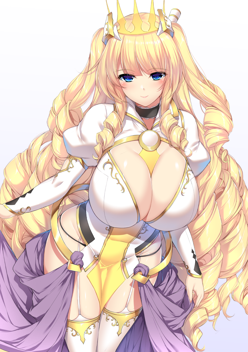 1girl bangs between_breasts black_collar black_panties blonde_hair blue_eyes breasts cleavage collar commentary_request crown eyebrows_visible_through_hair garter_straps gloves highres large_breasts leaning_to_the_side long_hair looking_at_viewer minamon_(vittel221) panties pelvic_curtain puffy_sleeves simple_background solo string_panties thigh-highs twintails underwear very_long_hair white_background white_gloves white_legwear
