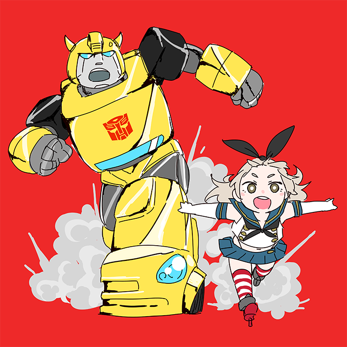 1girl 1other autobot bad_id bad_twitter_id black_hairband black_neckwear black_panties blonde_hair blue_sailor_collar blue_skirt brown_eyes bumblebee chibi crop_top crossover elbow_gloves gloves hairband highleg highleg_panties kantai_collection long_hair microskirt miniskirt neckerchief ojipon open_mouth panties red_background running sailor_collar shimakaze_(kantai_collection) simple_background skirt smile smoke striped striped_legwear thigh-highs transformers underwear white_gloves