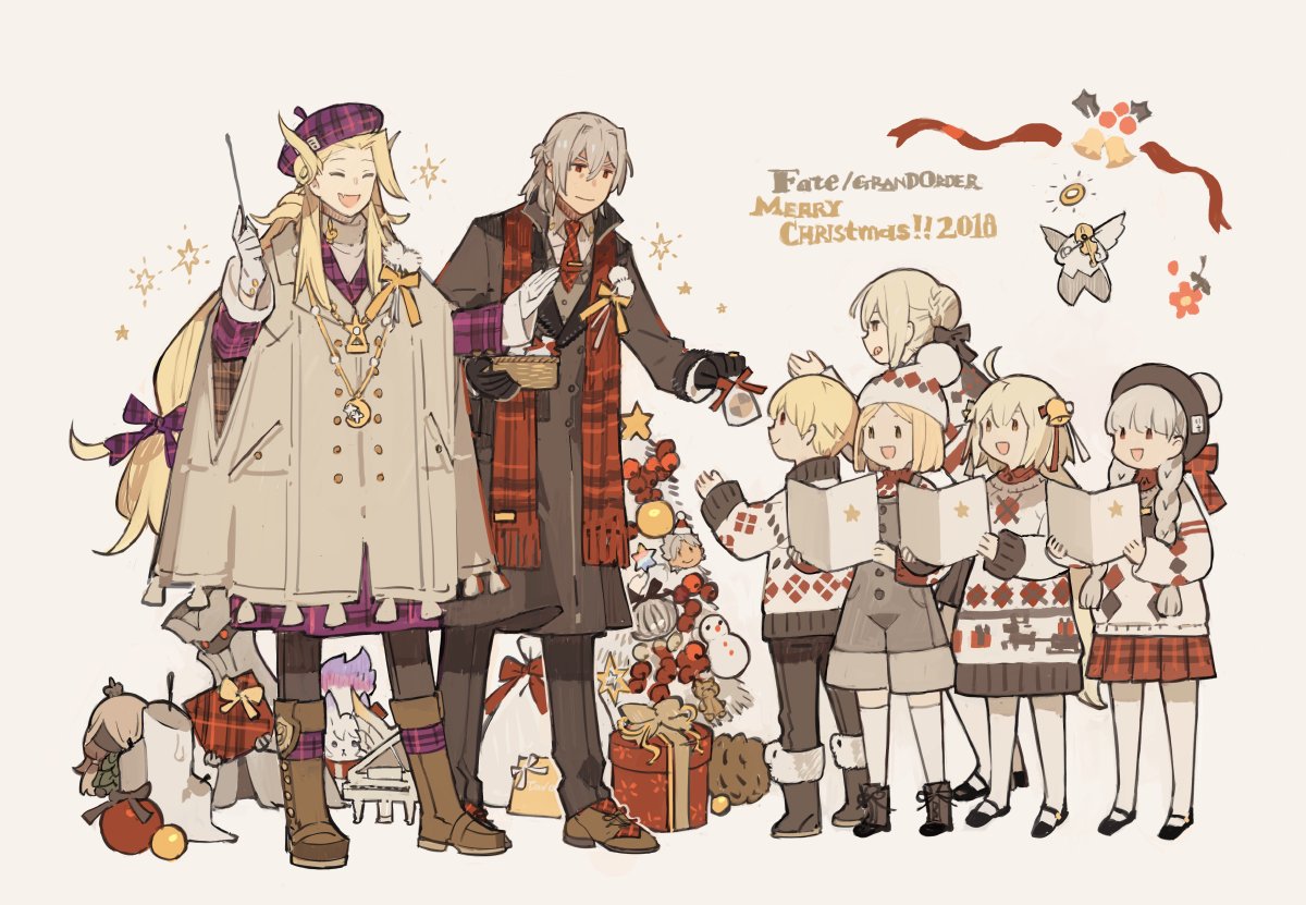 amakusa_shirou_(fate) antonio_salieri_(fate/grand_order) artoria_pendragon_(all) baton_(instrument) child_gilgamesh christmas christmas_tree coat cookie fate/grand_order fate_(series) food fou_(fate/grand_order) gift hat instrument jack_the_ripper_(fate/apocrypha) jeanne_d'arc_(fate)_(all) jeanne_d'arc_alter_santa_lily long_hair low-tied_long_hair music necktie nursery_rhyme_(fate/extra) paul_bunyan_(fate/grand_order) poncho saber_alter scarf singing smile starshadowmagician violin wolfgang_amadeus_mozart_(fate/grand_order)