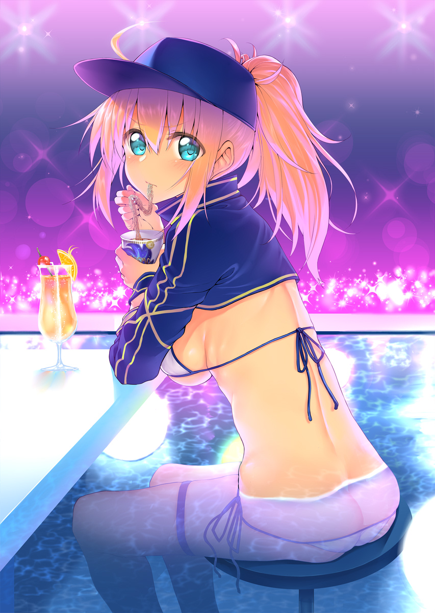 1girl ahoge artoria_pendragon_(all) ass back baseball_cap bikini blue_eyes blush breasts cup drinking_glass eating fate/grand_order fate_(series) hat highres jacket long_hair looking_at_viewer mysterious_heroine_xx_(foreigner) partially_submerged ponytail pool ramen side-tie_bikini sitting solo suga_hideo swimsuit thigh_strap white_background