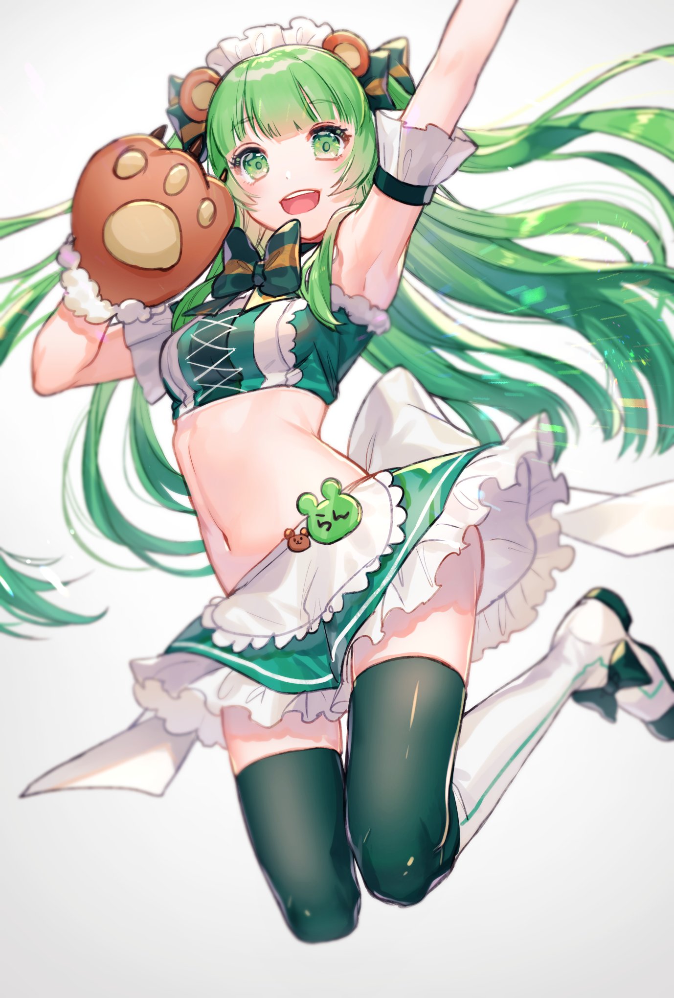 1girl animal_ears animare apron arm_up armpits bangs bare_shoulders bear_ears breasts crop_top eyebrows_visible_through_hair frilled_skirt frills green_eyes green_hair highres hinokuma_ran long_hair looking_at_viewer maid_apron midriff miniskirt navel paws skirt smile solo thigh-highs virtual_youtuber ymymssy