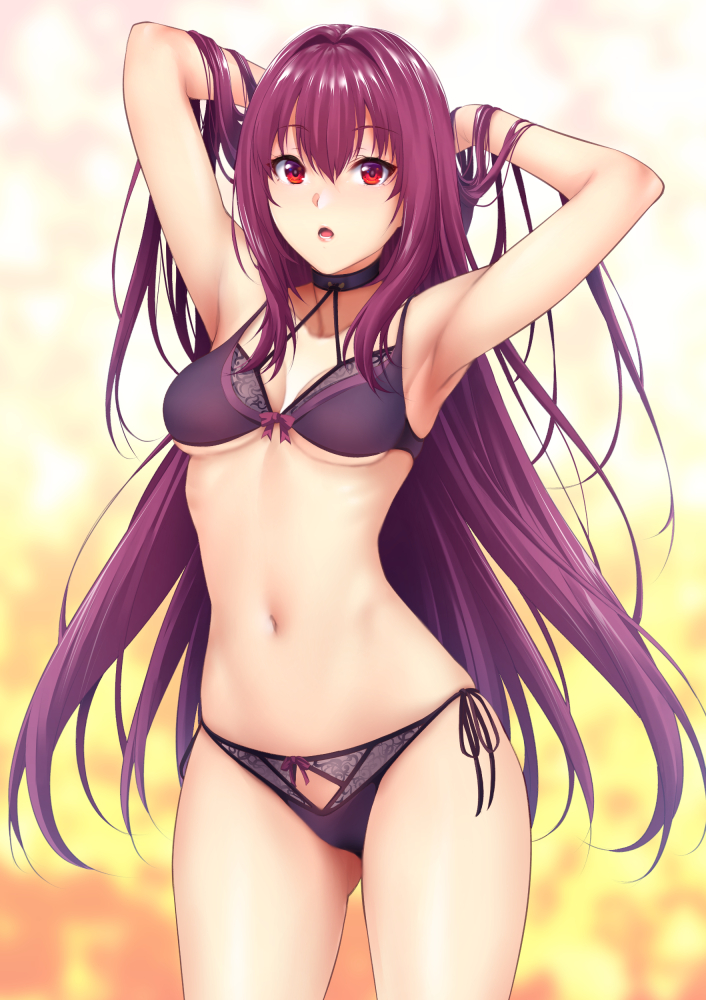 1girl armpits arms_behind_head arms_up bangs bare_shoulders blurry blurry_background bow bow_panties bra breasts cleavage fate/grand_order fate_(series) hair_intakes hands_in_hair hips long_hair looking_at_viewer medium_breasts navel open_mouth panties purple_bow purple_bra purple_hair purple_panties red_eyes scathach_(fate)_(all) scathach_(fate/grand_order) side-tie_panties solo thighs underwear zucchini