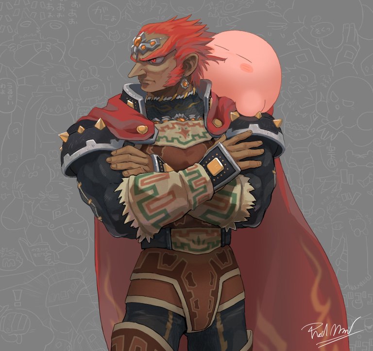 1boy 1other armor assemblerones cape closed_eyes crossed_arms earrings ganondorf gerudo gloves jewelry kirby kirby_(series) looking_away male_focus nintendo pointy_ears redhead short_hair simple_background sleeping super_smash_bros. super_smash_bros._ultimate the_legend_of_zelda the_legend_of_zelda:_ocarina_of_time