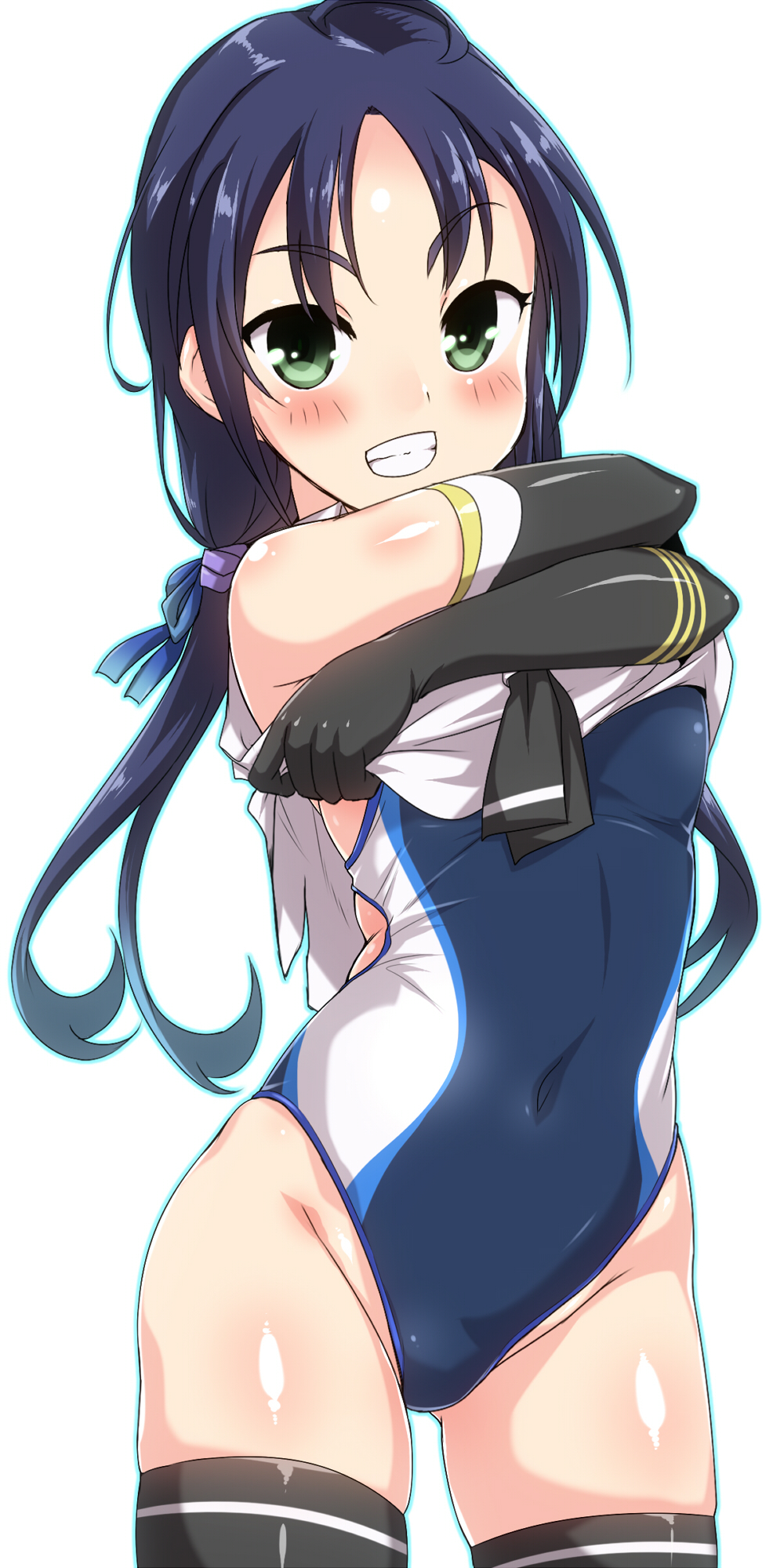 1girl black_legwear black_serafuku blue_hair blush breasts closed_mouth competition_swimsuit elbow_gloves gloves gradient_hair green_eyes groin hair_ribbon highres kantai_collection long_hair low_twintails multicolored_hair one-piece_swimsuit remodel_(kantai_collection) ribbon school_uniform serafuku simple_background small_breasts smile solo suzukaze_(kantai_collection) swimsuit swimsuit_under_clothes thigh-highs twintails yoshi_tama