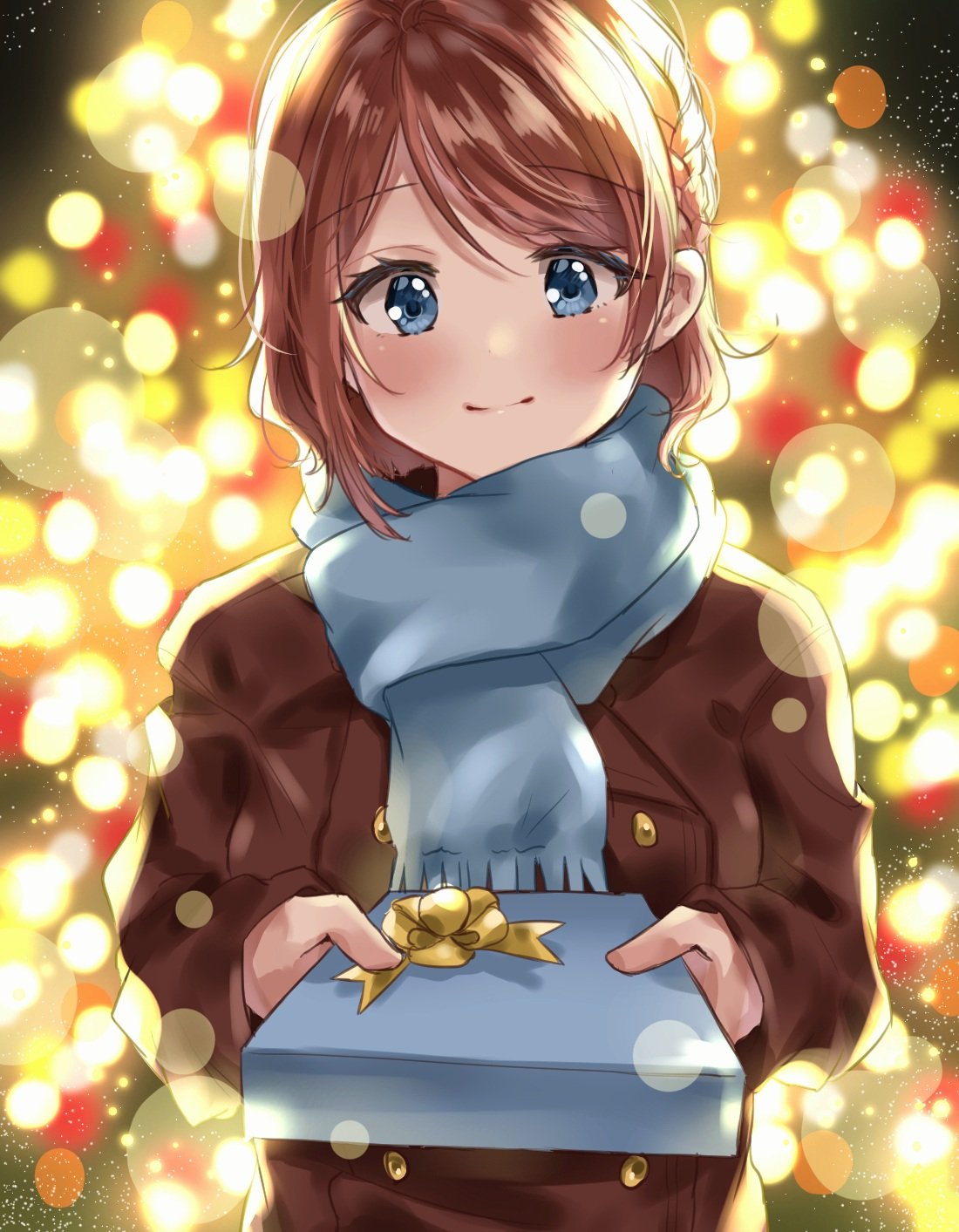 1girl black_coat blue_eyes blue_scarf blurry blush bokeh box braid brown_hair christmas commentary_request depth_of_field double-breasted gift gift_box highres holding holding_gift incoming_gift long_sleeves looking_at_viewer love_live! love_live!_sunshine!! minori_748 night outdoors scarf short_hair side_braid smile solo upper_body watanabe_you