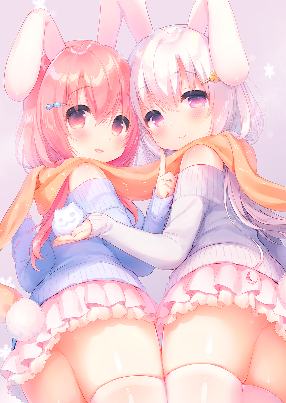 2girls :d animal_ears ass bangs bare_shoulders blue_sweater blush brown_footwear bunny_girl bunny_tail closed_mouth commentary_request eyebrows_visible_through_hair grey_sweater hair_between_eyes hair_ornament hairclip highres index_finger_raised long_hair long_sleeves looking_at_viewer looking_back multiple_girls off-shoulder_sweater open_mouth orange_scarf original pink_skirt pleated_skirt rabbit_ears red_eyes redhead sakura_(usashiro_mani) scarf shared_scarf shoe_soles silver_hair skindentation skirt sleeves_past_wrists smile snow snowflakes standing sweater tail thigh-highs usashiro_mani very_long_hair violet_eyes white_legwear