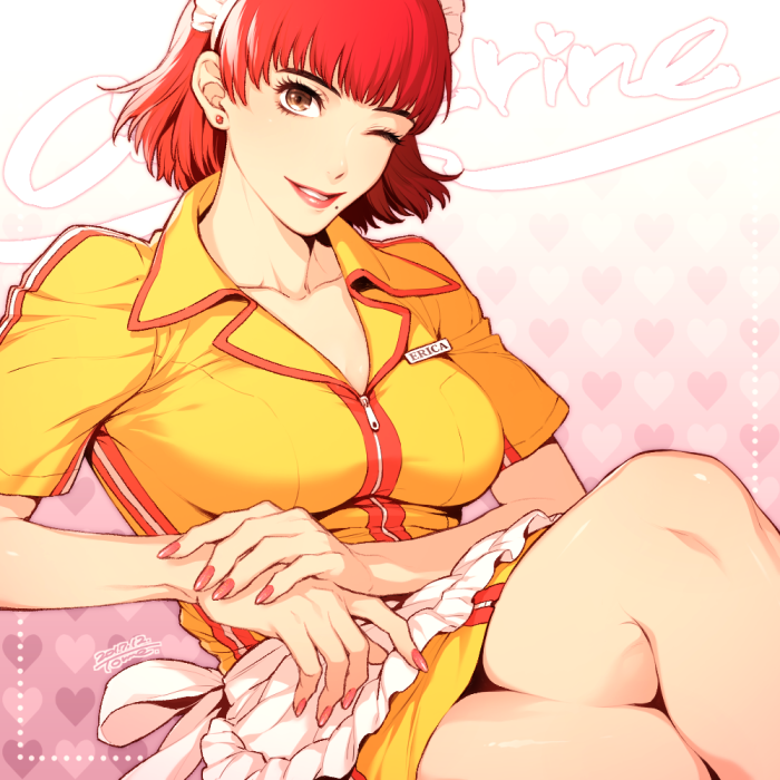 1girl breasts brown_eyes catherine_(game) dated dress earrings erica_anderson jewelry large_breasts maid_headdress mole mole_under_mouth name_tag redhead short_dress short_hair signature smile solo stud_earrings uniform usagi_me waitress zipper