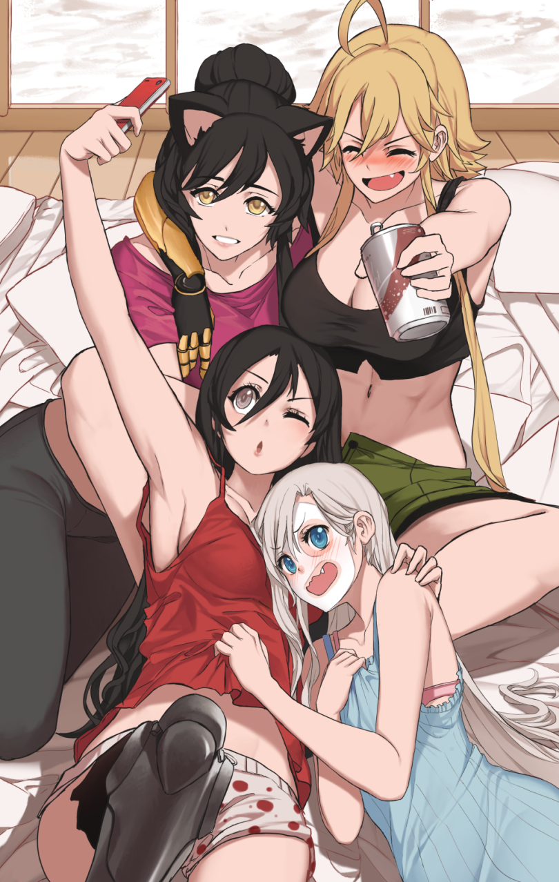 4girls ahoge alternate_universe animal_ears beer_can blake_belladonna blanket blush bra breasts can cat_ears cellphone cleavage dishwasher1910 drunk embarrassed fang highres lingerie makeup multiple_girls open_mouth pajamas phone pillow prosthesis prosthetic_arm prosthetic_leg ruby_rose rwby self_shot short_shorts shorts siblings sisters sleepover sleepwear smile tank_top underwear weiss_schnee yang_xiao_long