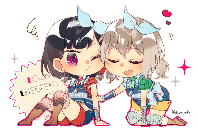 2girls :d alternate_hairstyle aoba_moca arm_warmers bang_dream! bangs black_hair blue_ribbon bob_cut boots chibi cowboy_boots earrings frills green_shirt grey_hair hair_ribbon hand_on_another's_arm heart heart_earrings jewelry kneeling knees_up lace_trim mitake_ran multicolored_hair multiple_girls one_eye_closed open_mouth overall_shorts overalls plaid plaid_shirt red_shirt redhead ribbon shi_noyuki shirt short_hair short_twintails sitting smile sparkle squiggle streaked_hair thigh-highs twintails twitter_username u_u violet_eyes white_background white_hair
