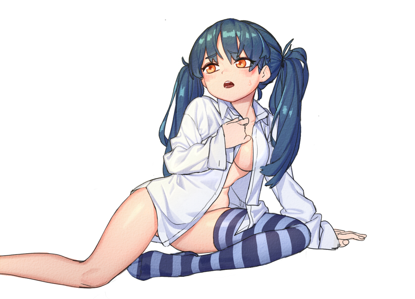 1girl aqua_hair arm_support blush breasts covering large_breasts long_hair mabera naked_shirt orange_eyes original shirt single_thighhigh sitting solo striped striped_legwear sweatdrop thigh-highs twintails white_background yokozuwari