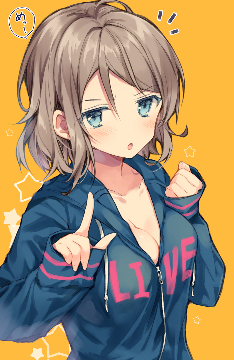 1girl :o bangs blue_eyes blue_jacket blush breasts cleavage clenched_hand clothes_writing collarbone commentary_request drawstring grey_hair hands_up highres hood hood_down hooded_jacket index_finger_raised jacket long_sleeves looking_at_viewer love_live! love_live!_sunshine!! matsusaka_gyuu medium_breasts notice_lines orange_background parted_lips partially_unzipped pinching_sleeves short_hair sidelocks sleeves_past_wrists solo speech_bubble star upper_body v-shaped_eyebrows watanabe_you zipper_pull_tab