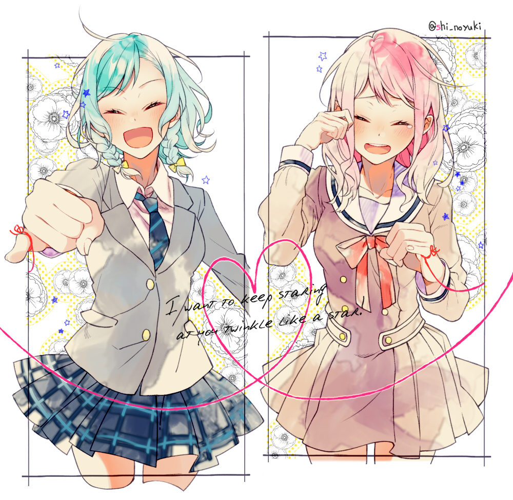 2girls :d ^_^ aqua_hair bang_dream! bangs blazer blue_neckwear blue_skirt blush bow closed_eyes closed_eyes cowboy_shot crying double-breasted dress english_text foreshortening grey_jacket hair_bow hair_down hanasakigawa_school_uniform haneoka_school_uniform heart heart_of_string hikawa_hina jacket long_sleeves maruyama_aya medium_hair miniskirt multiple_girls neck_ribbon necktie open_mouth pink_hair pinky_out plaid plaid_skirt pleated_skirt red_neckwear red_string ribbon sailor_collar sailor_dress school_uniform shi_noyuki short_hair side_braids skirt smile string string_around_finger tears twitter_username wiping_tears yellow_bow